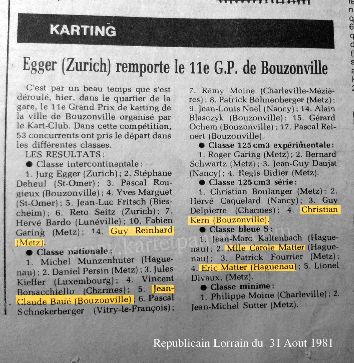 Article GP de Bouzonville Karting 1981